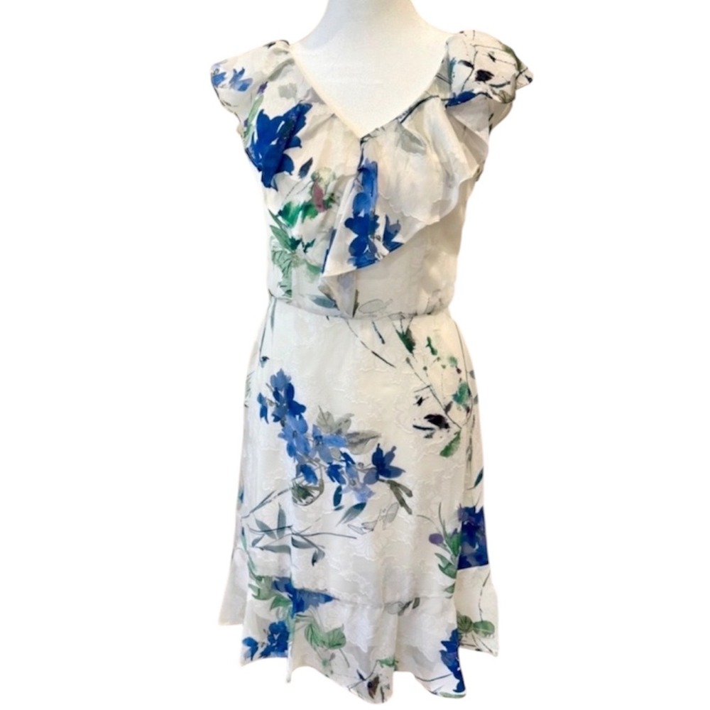 DKNY Floral Ruffle Midi Dress Size 0 White Blue V-Neck